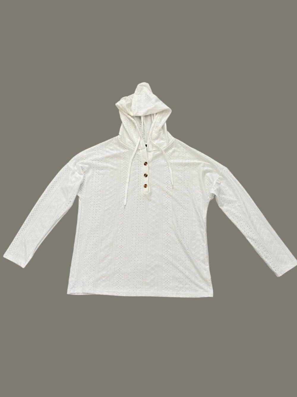 Ranlege Off-White Eyelet Henley Button-Front Long-Sleeve Pullover Hoodie -Size M